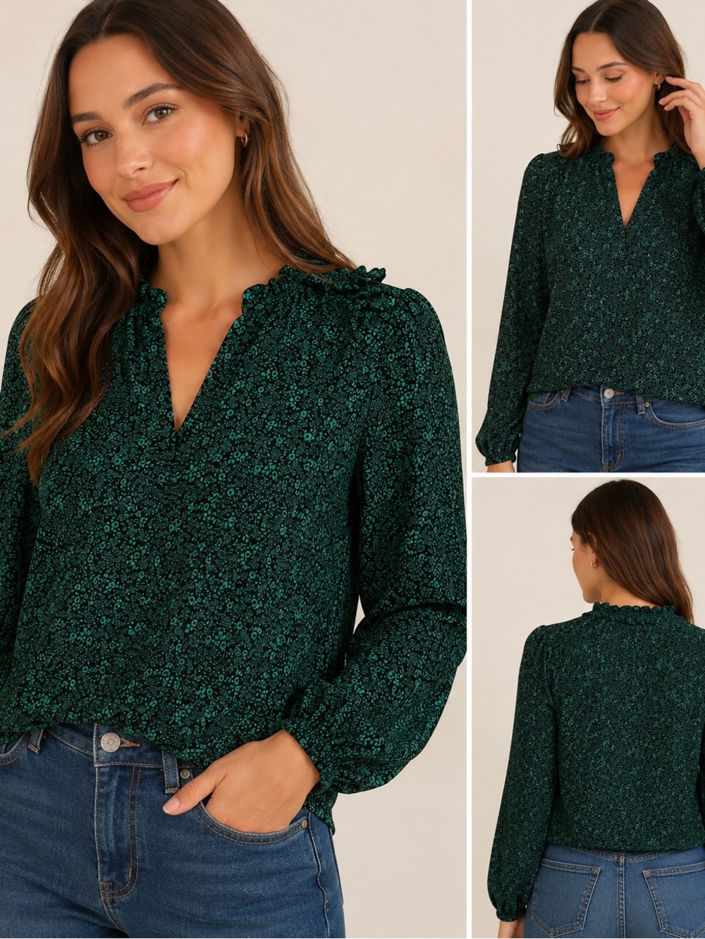 J. Crew Dark Green Floral Ruffle Neck Long-Sleeve Blouse